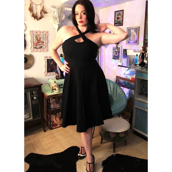 Black Cross Strap Halter Pinup Circle Dress - Picture 1 of 8